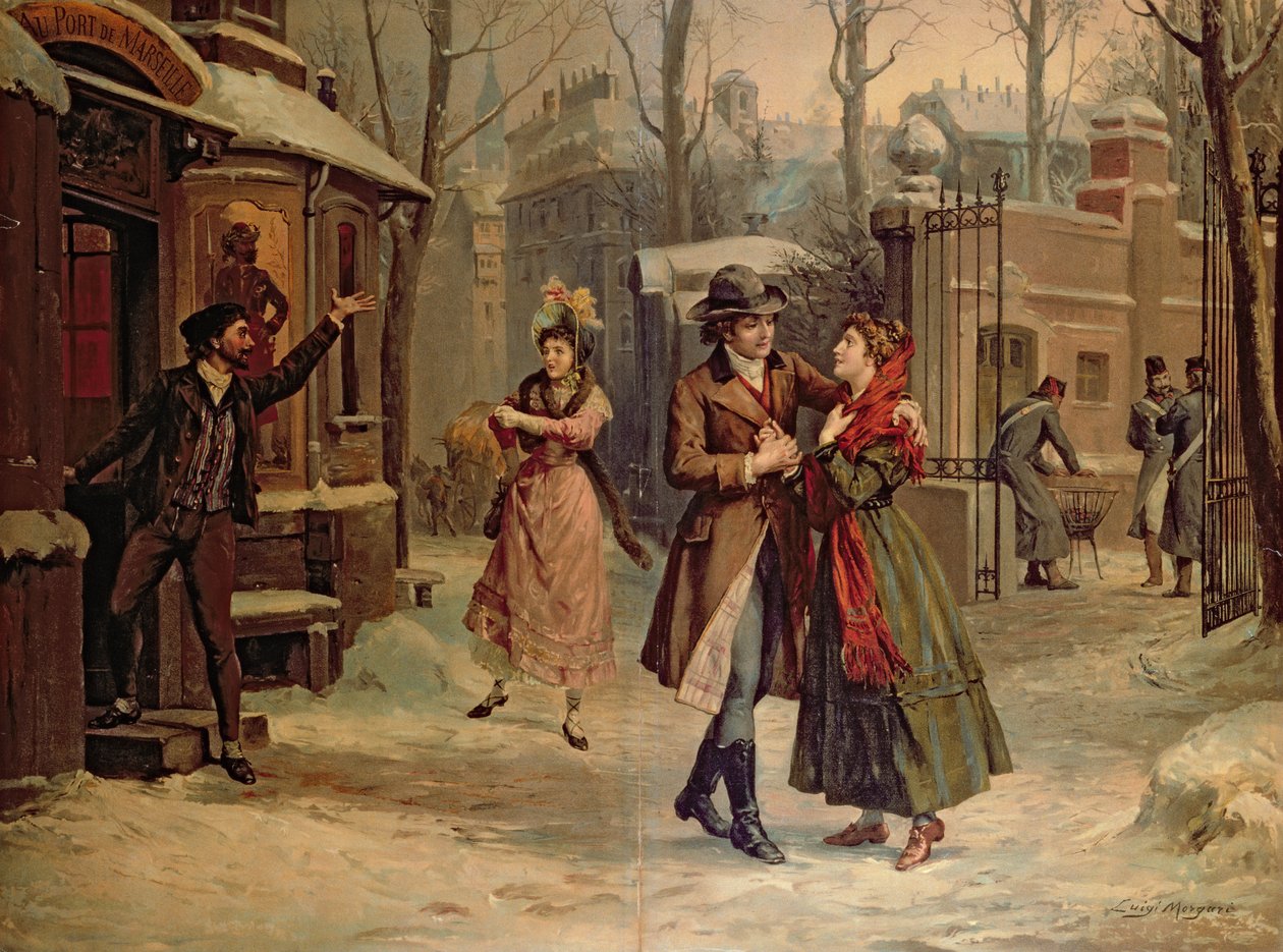 Maisema kohtaukseen Mimin ja Rodolfon kanssa Giacomo Puccinin (1858-1924) oopperassa "La Boheme" tekijältä Luigi Morgari