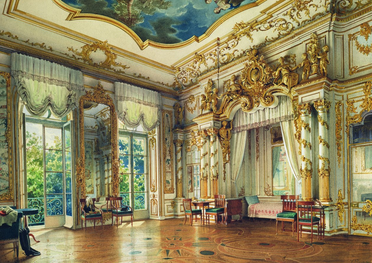 Tsaari Aleksanteri I:n makuuhuone Aleksanterin palatsissa, Tsarskoje Selo, 1855 (wc ja valkoinen väri paperille) tekijältä Luigi Premazzi