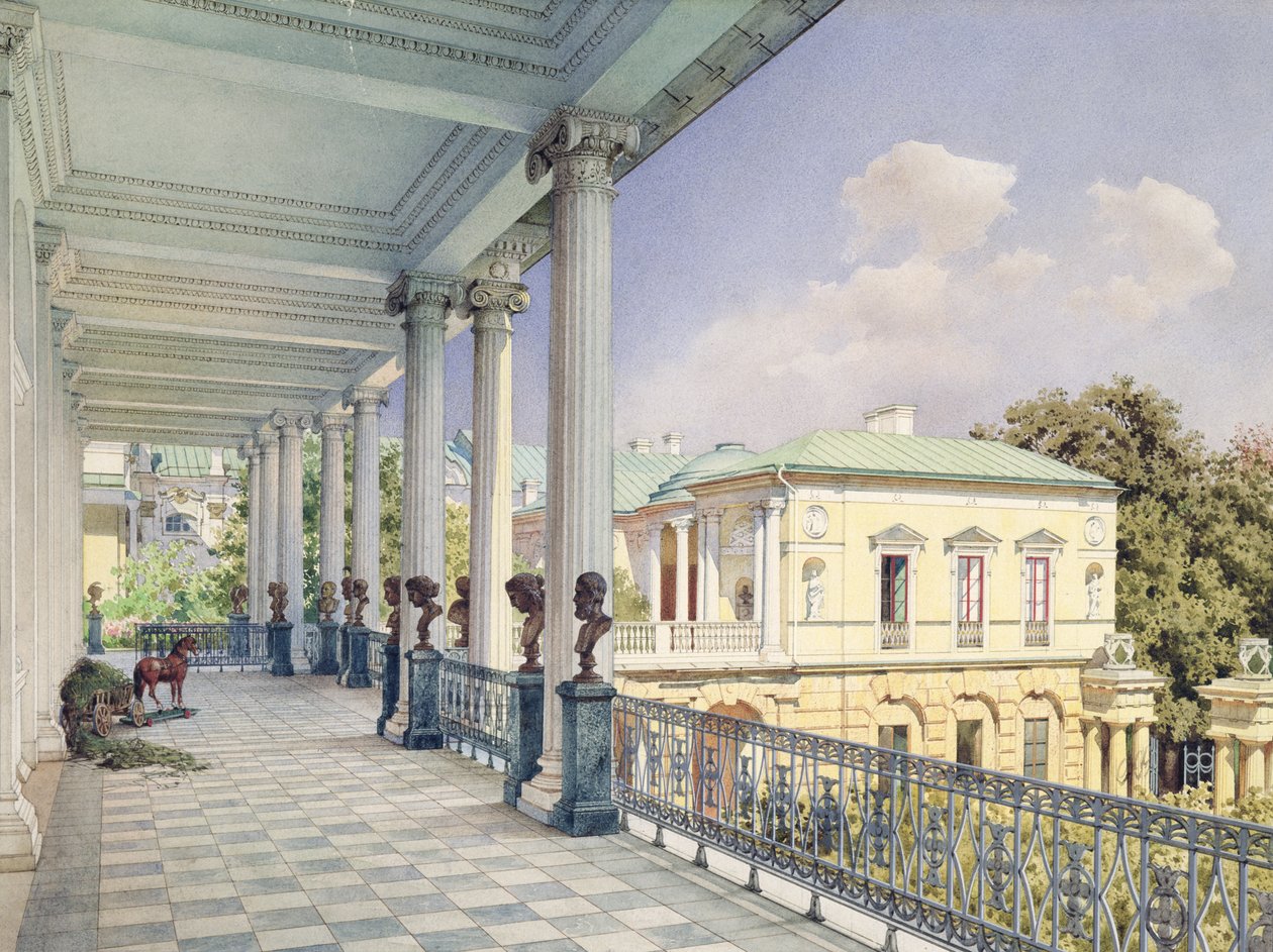 Cameron-galleria Tsarskoje Selossa, 1859 (wc ja valkoinen väri paperille) tekijältä Luigi Premazzi