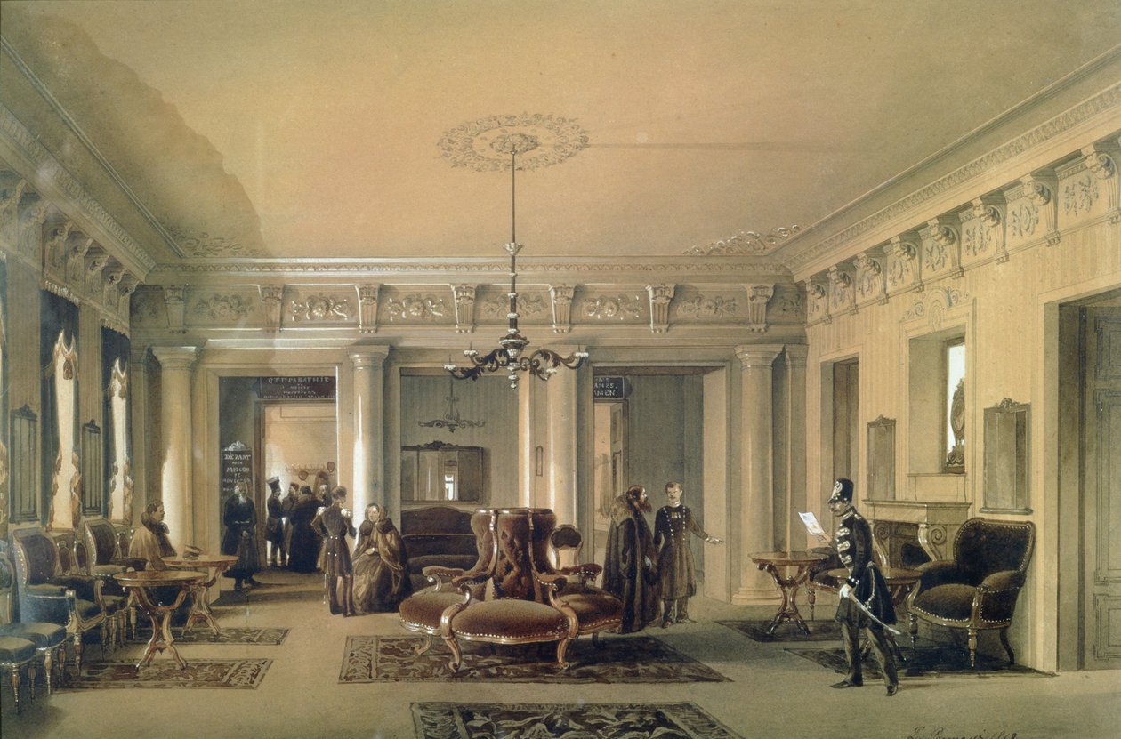 Stagecoach-aseman odotushuone Pietarissa, 1848 (wc ja guassi paperilla) tekijältä Luigi Premazzi