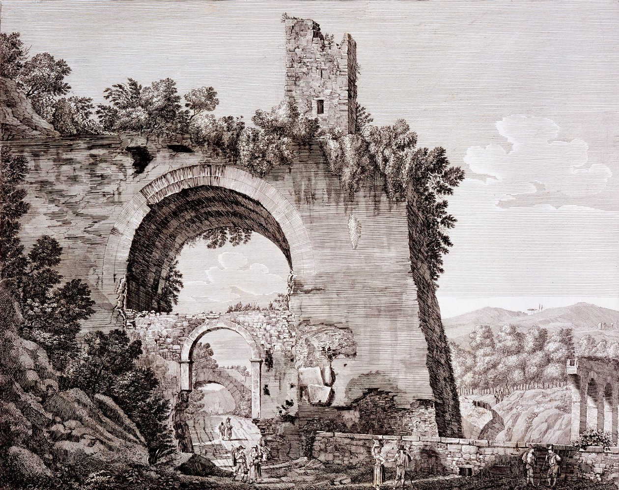 Claudiuksen rakennuttaman akveduktin jäännökset, joka toi vettä antiikin Roomaan Anio-joesta, lähellä Tivolia, noin 1824-26. tekijältä Luigi Rossini
