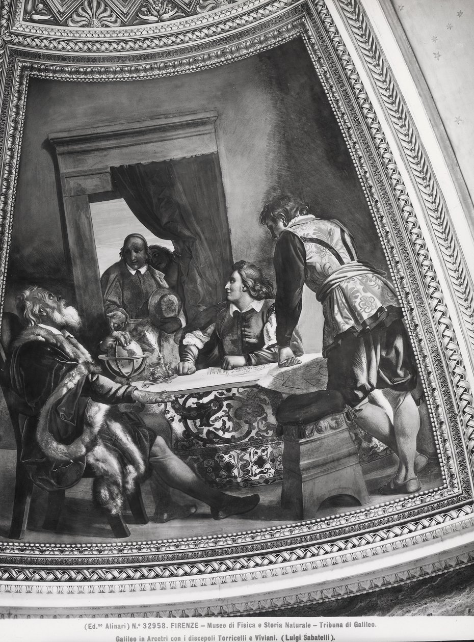 Galileo Galilei (1564-1642) Arcetrissa oppilaidensa, Evangelista Torricellin (1608-47) ja Vincenzo Vivianin (1622-1703) kanssa Galileon tribuunista tekijältä Luigi Sabatelli