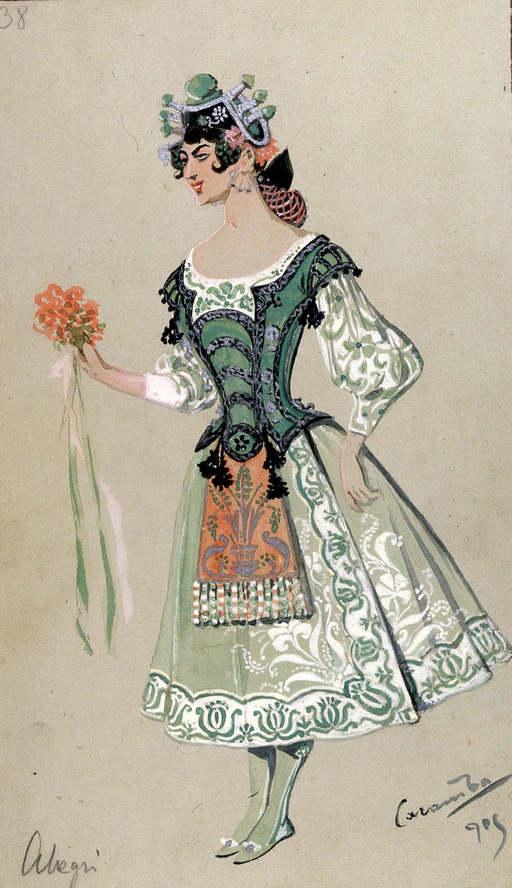 Pukusuunnittelu Barbarinalle Wolfgang Amadeus Mozartin "Figaron häistä", 1905 tekijältä Luigi Sapelli Caramba