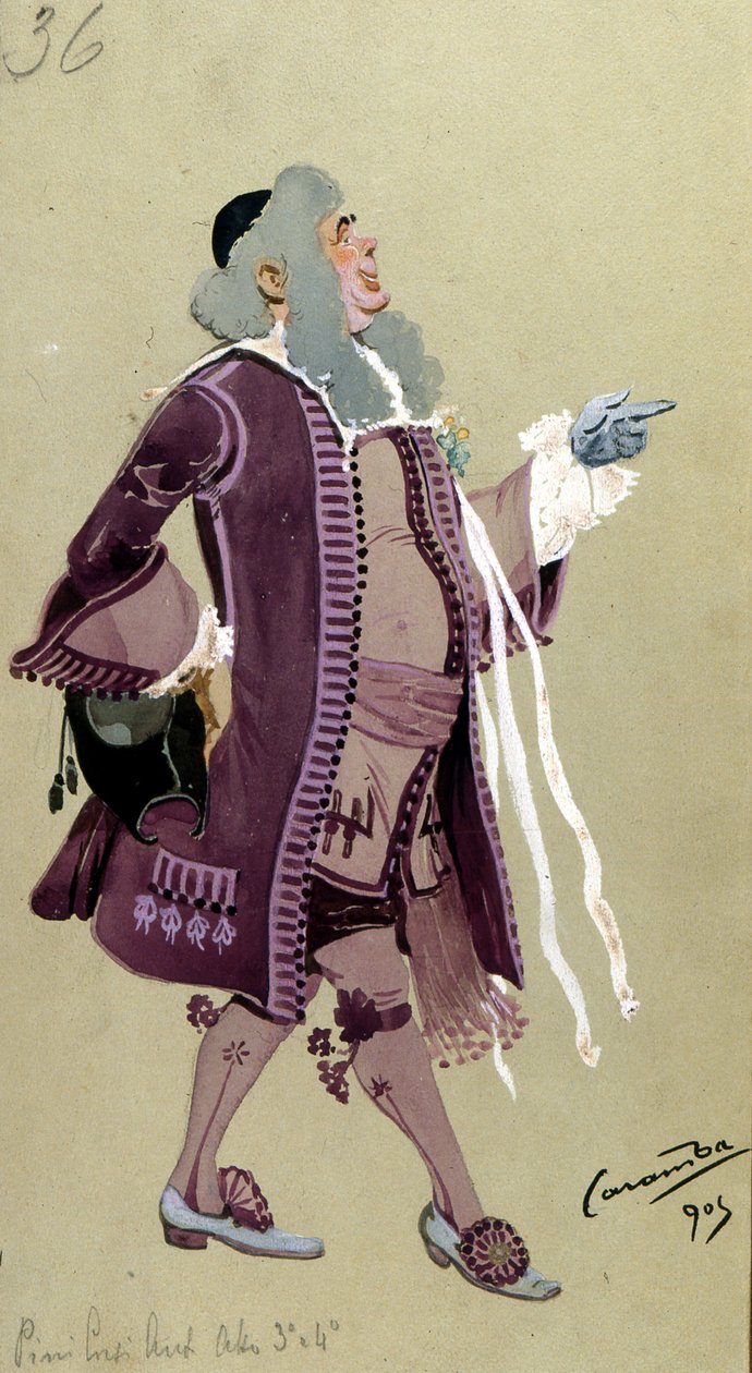 Pukusuunnittelu Don Bartololle, Wolfgang Amadeus Mozartin Figaron häistä, 1905 tekijältä Luigi Sapelli Caramba