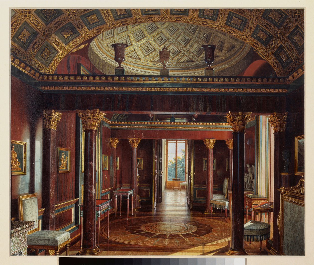 Akaatti (Akaatti) -huone (tai Jasper-kaappi), Tsarkoye Selon suuressa palatsissa. Luigi Premazzin (1814-1891) teos, akvarelli paperille tekijältä Luigi Premazzi