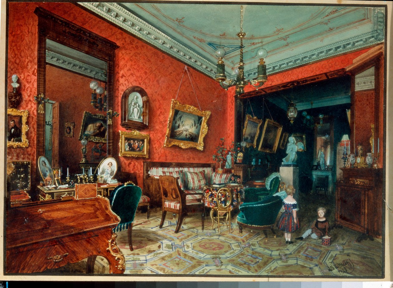 ""Olohuone"" (Salle de sejour) Kaksi lasta leikkimässä olohuoneessa - Luigi Premazzin (1814-1891) akvarelliväri, noin 1840 Yksityinen kokoelma tekijältä Luigi Premazzi