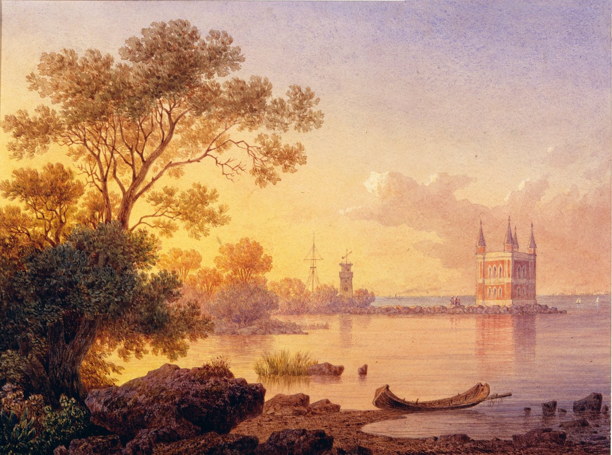 Näkymä vaaleanpunaisesta paviljongista (Ozerki) Peterhofissa (Pietari). Luigi Premazzin (1814-1891) teos, akvarelli paperille. 1800-luvun italialainen taide, akateemisuus. Pietarin valtion ulkoilmamuseo Pietarissa. tekijältä Luigi Premazzi