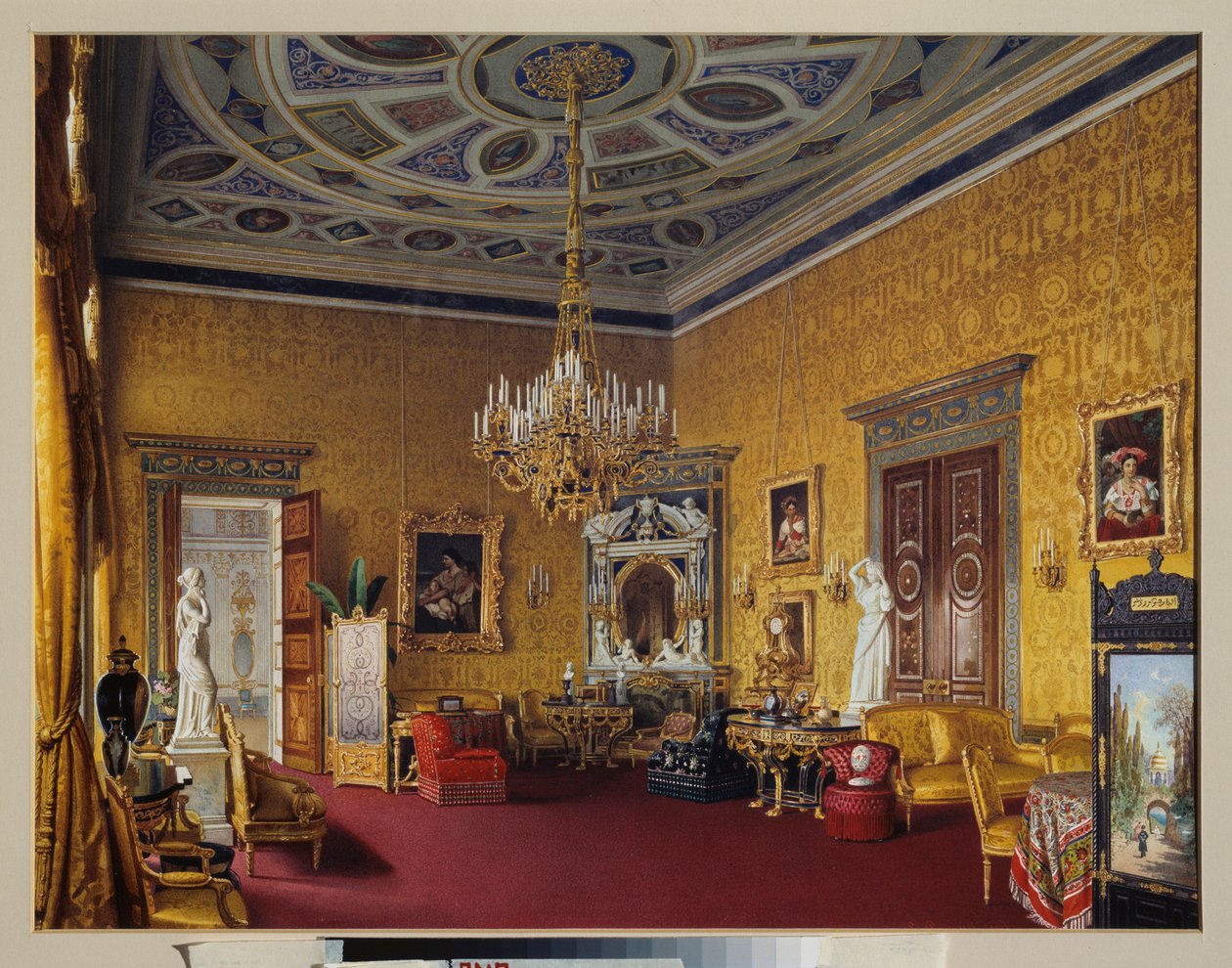 Tsarkoye Selon (Venäjä) suuren palatsin Lyons Hall (keltainen piirustussali). Luigi Premazzin (1814-1891) teos, akvarelli paperille tekijältä Luigi Premazzi