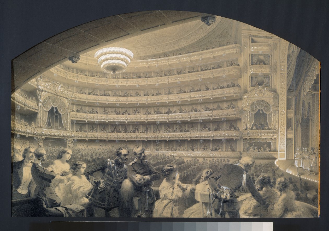 Bolchoi Kammenyn keisarillisen teatterin auditorio Pietarissa. Luigi Premazzin (1814-1891) taideteos, akvarelli ja valkoinen paperille, noin 1850. Italian taide tekijältä Luigi Premazzi