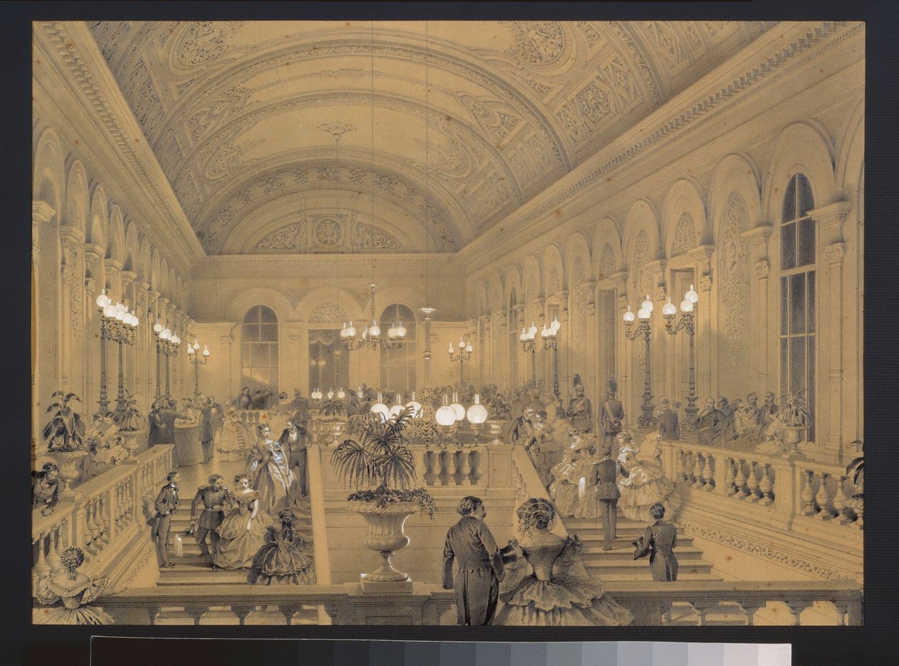 Keisarillisen teatterin Bolchoi Kammenyn portaikko Pietarissa. Luigi Premazzin (1814-1891) taideteos, akvarelli ja valkoinen paperille, noin 1850. Italian taide tekijältä Luigi Premazzi