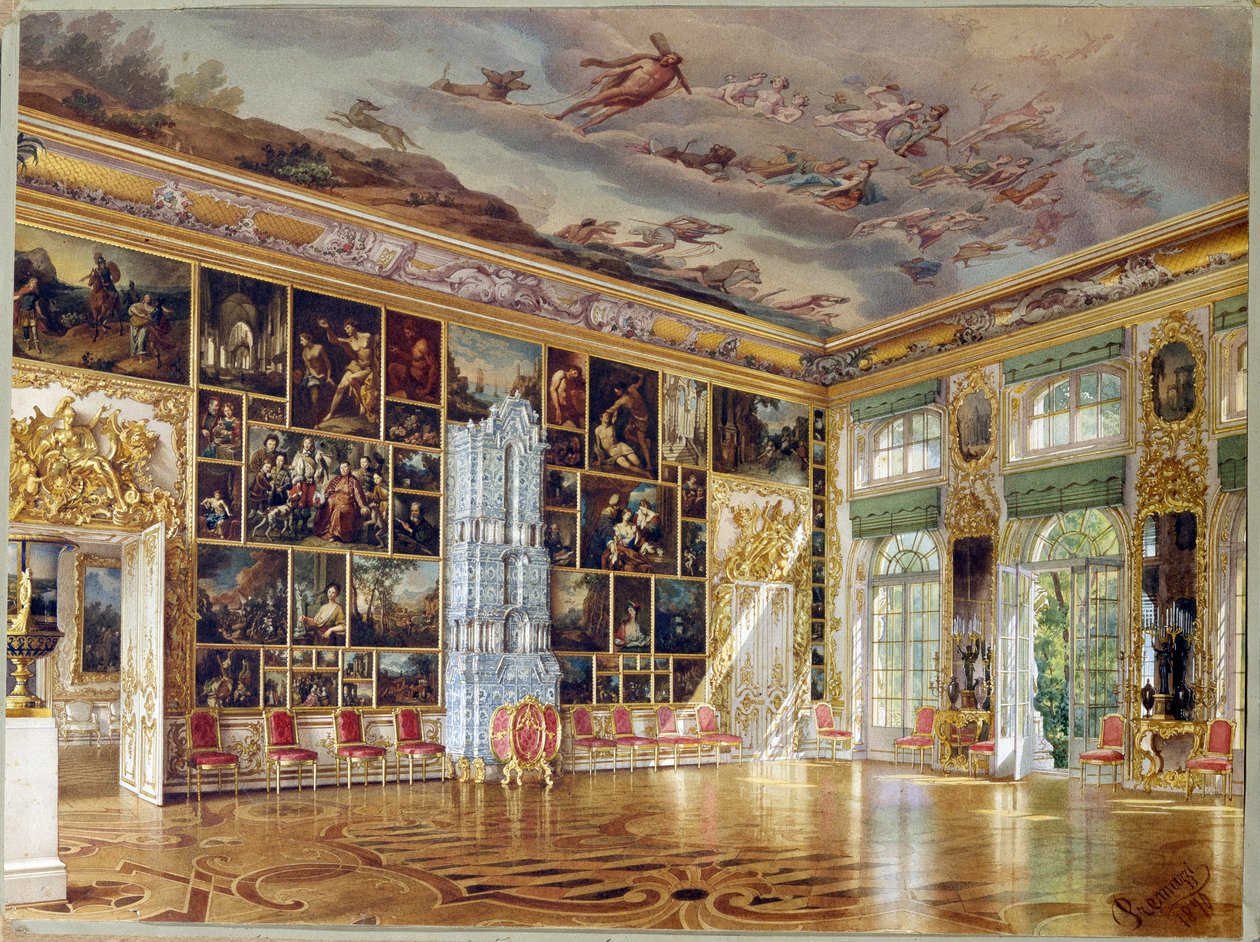 ""Taidegalleriasali Tsarskoje Selon palatsissa"", kirjoittanut Ludwig (Luigi) Premazzi (1814-1891), akvarelli paperille tekijältä Luigi Premazzi