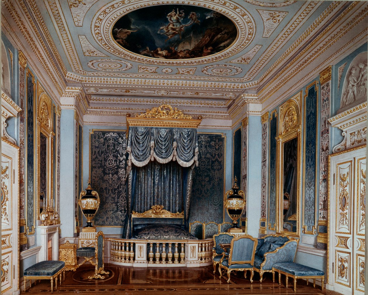 Näkymä tsaari Aleksanteri II:n (1818-1881) makuuhuoneesta Gatšinan palatsissa Luigi Premazzin (Ludwig Osipovich) (1814-1891) grafiikkaa 1800-luvun Pietari, Eremitaaši tekijältä Luigi Premazzi