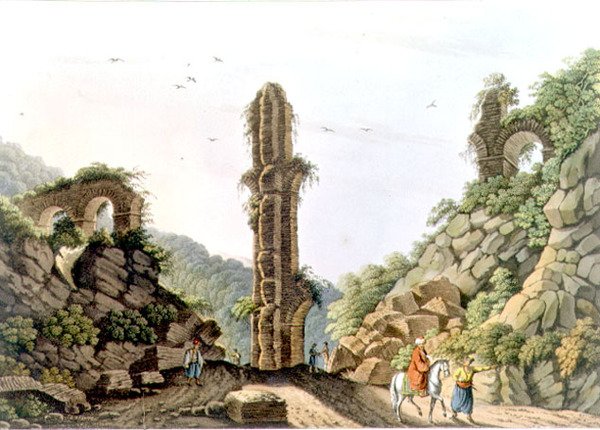 Muinainen akvedukti Samoksella, levy 61 julkaisusta "Views in the Ottoman Dominions", pubi. kirjoittanut R. Bowyer tekijältä Luigi (after) Mayer