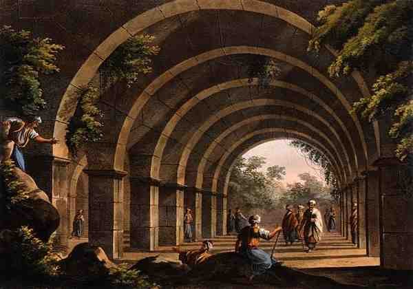Muinainen kylpylä Cacamossa, Caramaniassa, Robert Bowyerin (1758-1834) julkaisijan "Views in the Ottoman Empire" julkaisusta 1803 (värillinen akvatinta) tekijältä Luigi (after) Mayer