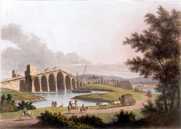 Ponte Grande Romaniassa, levy 10 julkaisusta "Views in the Ottoman Dominions", pubi. kirjoittanut R. Bowyer tekijältä Luigi (after) Mayer