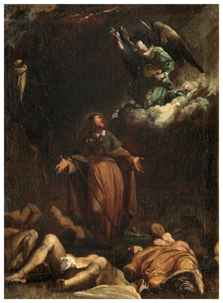 North Transept, San Roccon alttari 1635, 45, Genovesino 1645, San Rocco saa ruton tauon, Maalattu vasen alaosa tekijältä Luigi Miradori