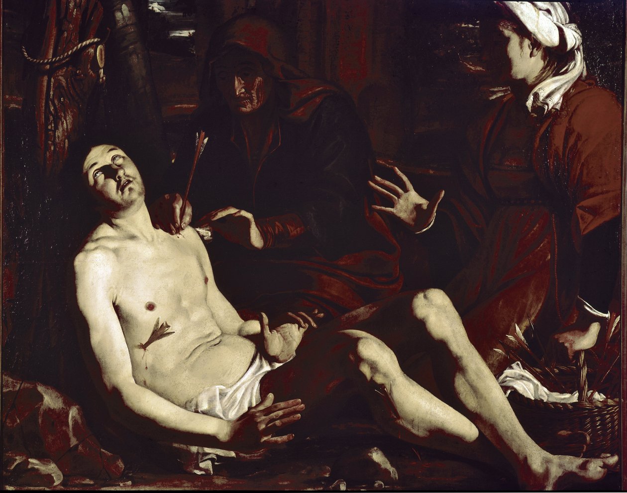 Pyhien naisten parantama pyhä Sebastian (öljy kankaalle, n. 1630) tekijältä Luigi Miradori