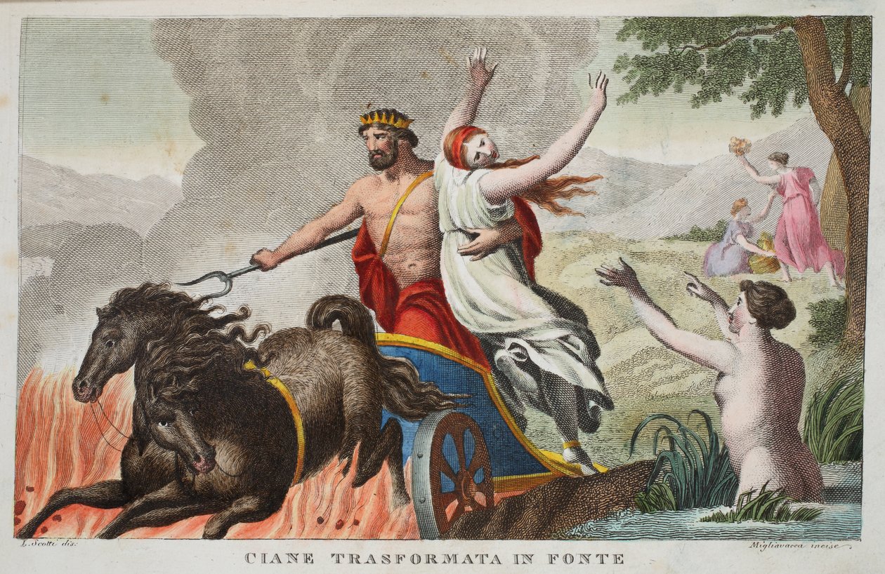 Cyane ja Proserpinan raiskaus eli Ciane Transformata Fontessa, kirja V, kuvitus Ovidiuksen teoksesta Metamorphoses, Firenze, 1832 (käsin väritetty kaiverrus). tekijältä Luigi Ademollo
