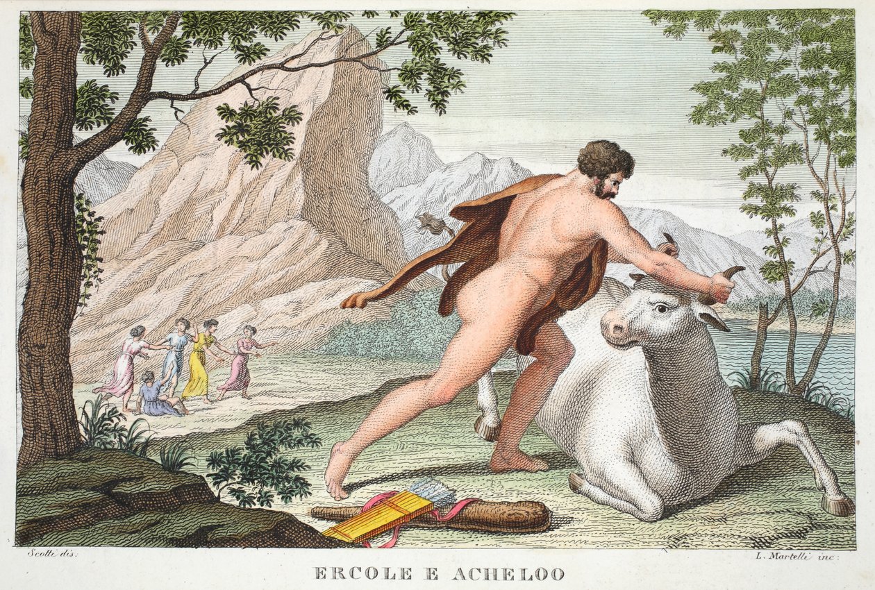 Hercules ja Achelous tai Ercole e Acheloo, kirja IX, kuvitus Ovidian Metamorphosesista, Firenze, 1832 (käsinvärinen kaiverrus) tekijältä Luigi Ademollo