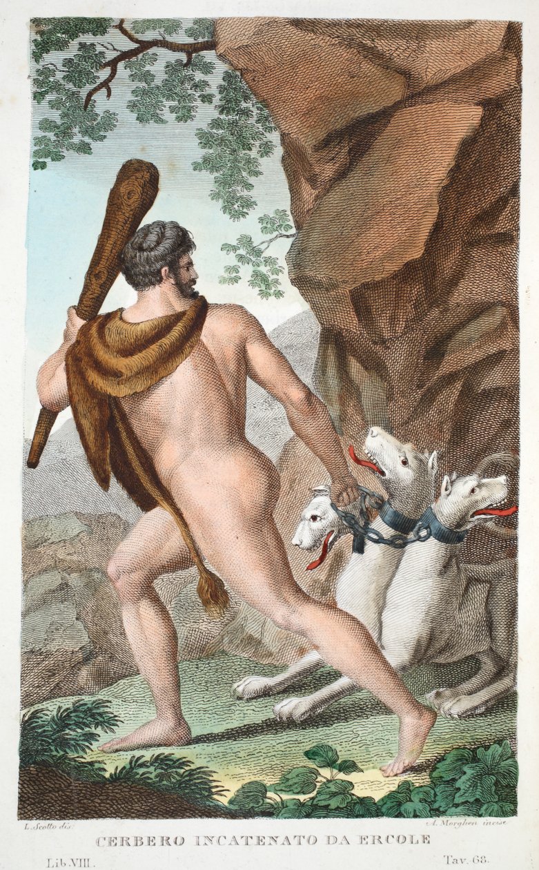Hercules ja Cerberus tai Cerbero Incatenato da Ercole, Kirja VII, kuvitus Ovidian Metamorphosesista, Firenze, 1832 (käsinvärinen kaiverrus) tekijältä Luigi Ademollo