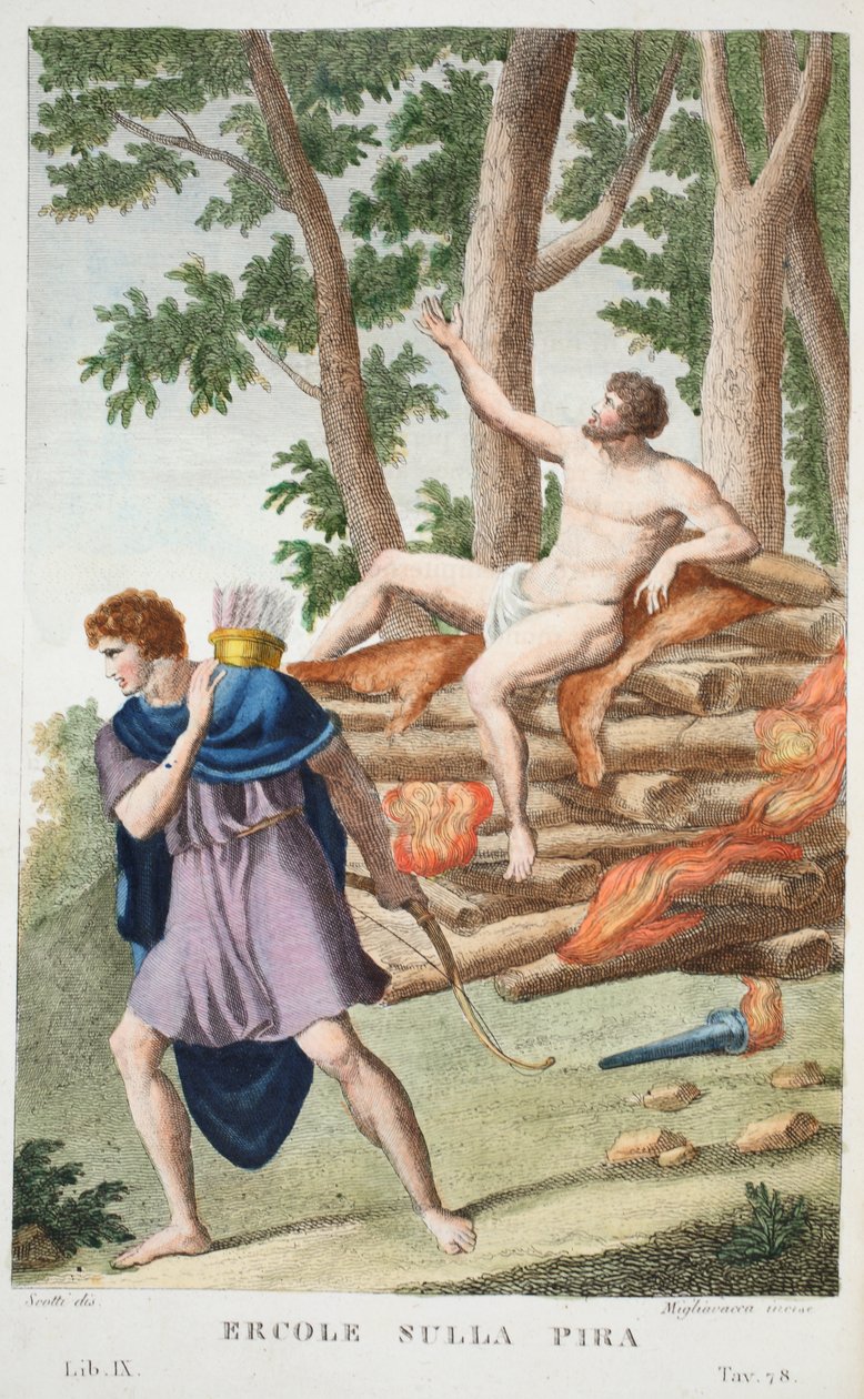 Hercules on the Pyre tai Ercole sulla Pira, kirja IX, kuvitus Ovidiuksen muodonmuutoksista, Firenze, 1832 (käsinvärinen kaiverrus) tekijältä Luigi Ademollo
