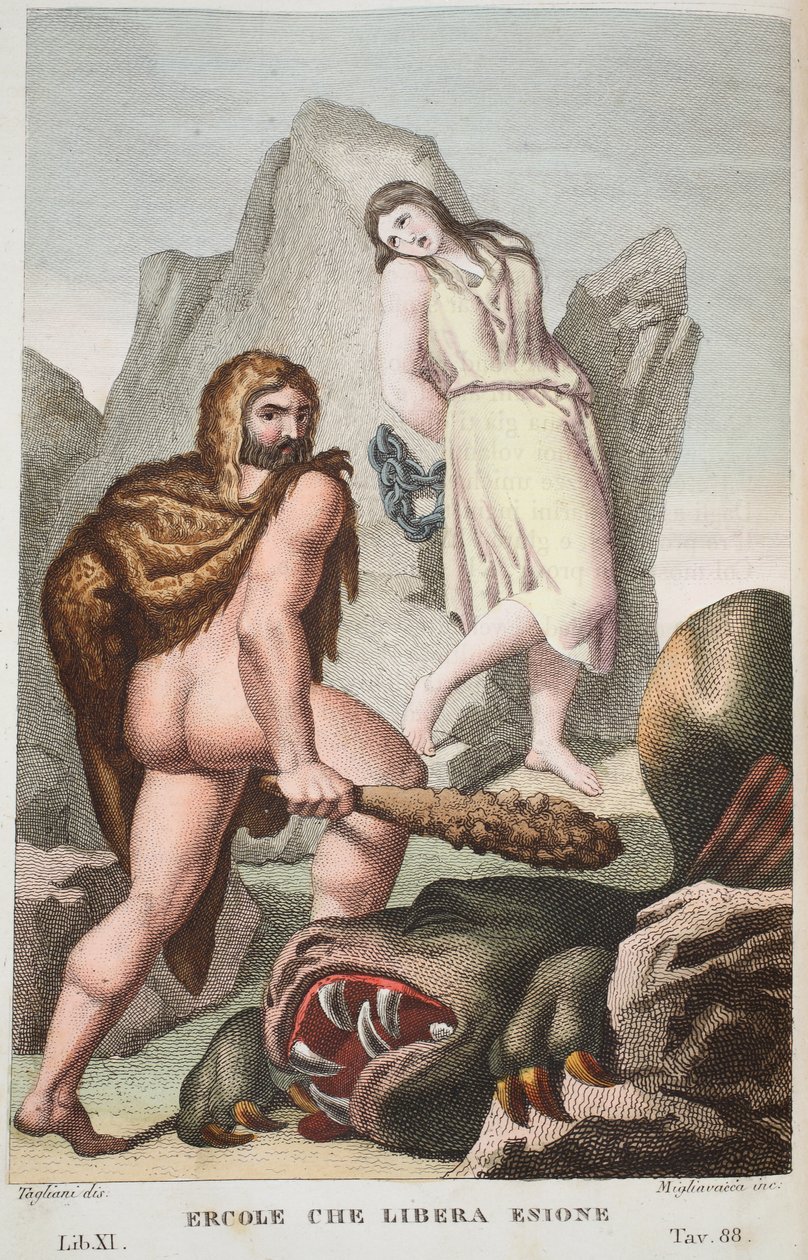Hercules pelastaa Hesionen tai Ercole che Libera Enionen, Kirja XI, kuvitus Ovidiuksen muodonmuutoksista, Firenze, 1832 (käsinvärinen kaiverrus) tekijältä Luigi Ademollo