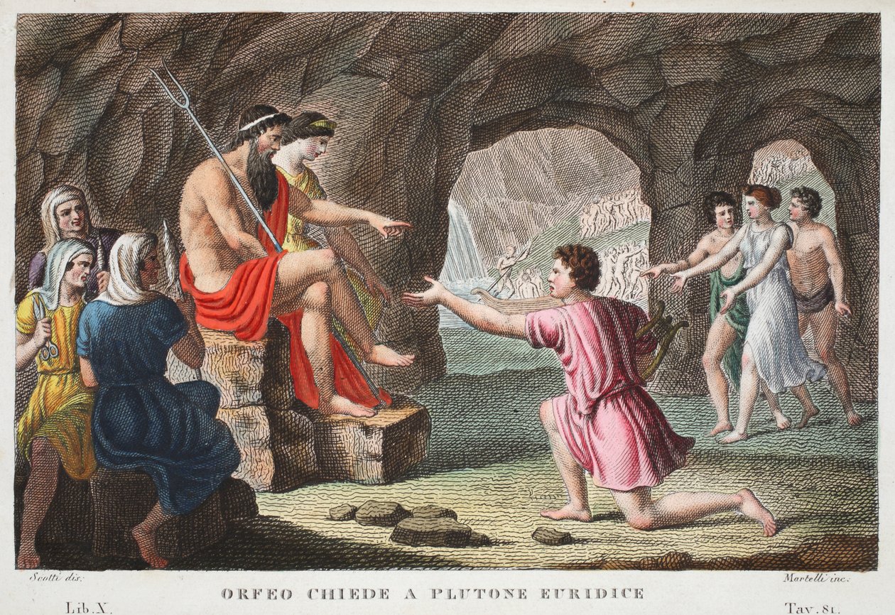 Orfeus helvetissä tai Orfeo Chiede a Plutone Euridice, Kirja X, kuvitus Ovidiuksen muodonmuutoksista, Firenze, 1832 (käsinvärinen kaiverrus) tekijältä Luigi Ademollo