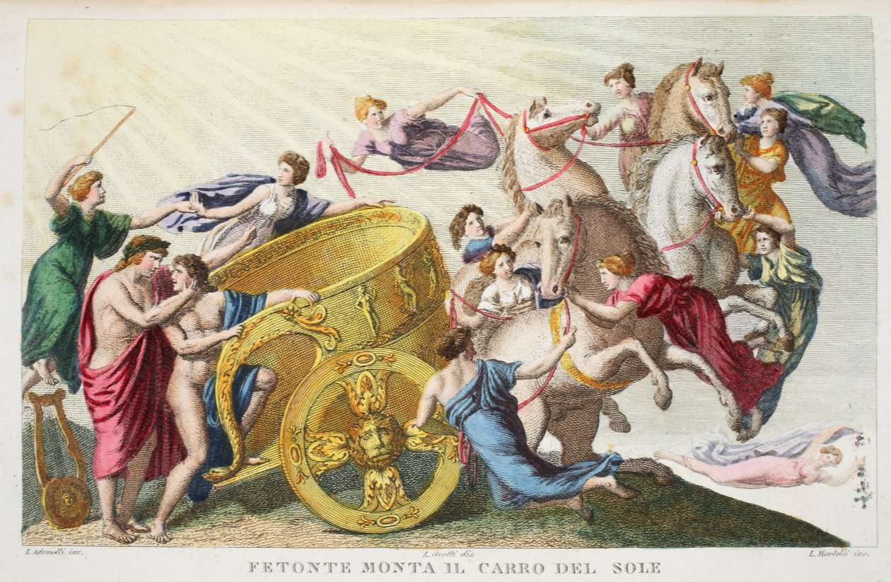Phaeton Drives the Chariot of the Sun tai Fetonte Monta il Carro del Sole, Kirja II, kuvitus Ovidiuksen Metamorphosesista, Firenze, 1832 (käsinvärinen kaiverrus) tekijältä Luigi Ademollo