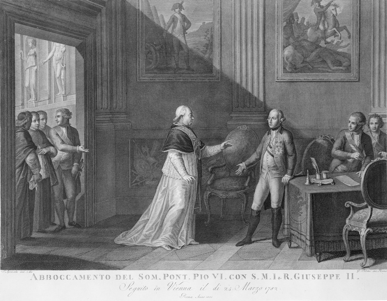 Paavi Pius VI:n ja keisari Joosef II:n haastattelu Wienissä (kaiverrus). tekijältä Luigi Agricola