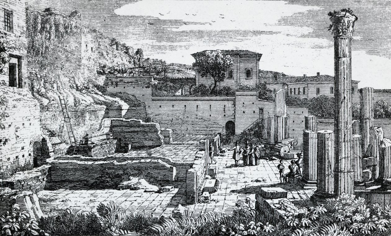 Vespasianuksen temppelin rauniot Bresciassa, kaiverrus Louis Basiletti (1780-1860), Italia tekijältä Luigi Basiletti