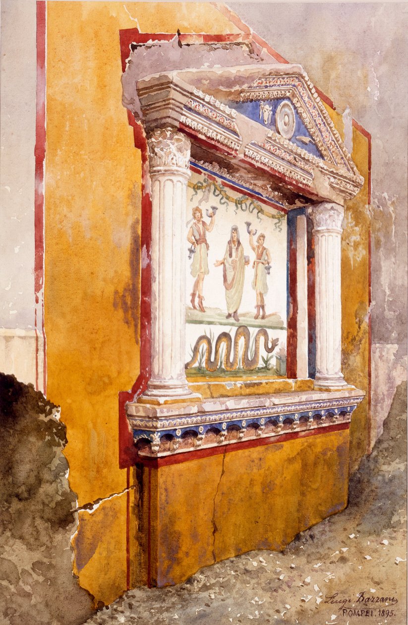 Perhealttarin lararium, nähty paikan päällä kaivauksen jälkeen, Aulus Vettiuksen talo, Pompeji, n. 36-39 jKr., 1895 tekijältä Luigi Bazzani