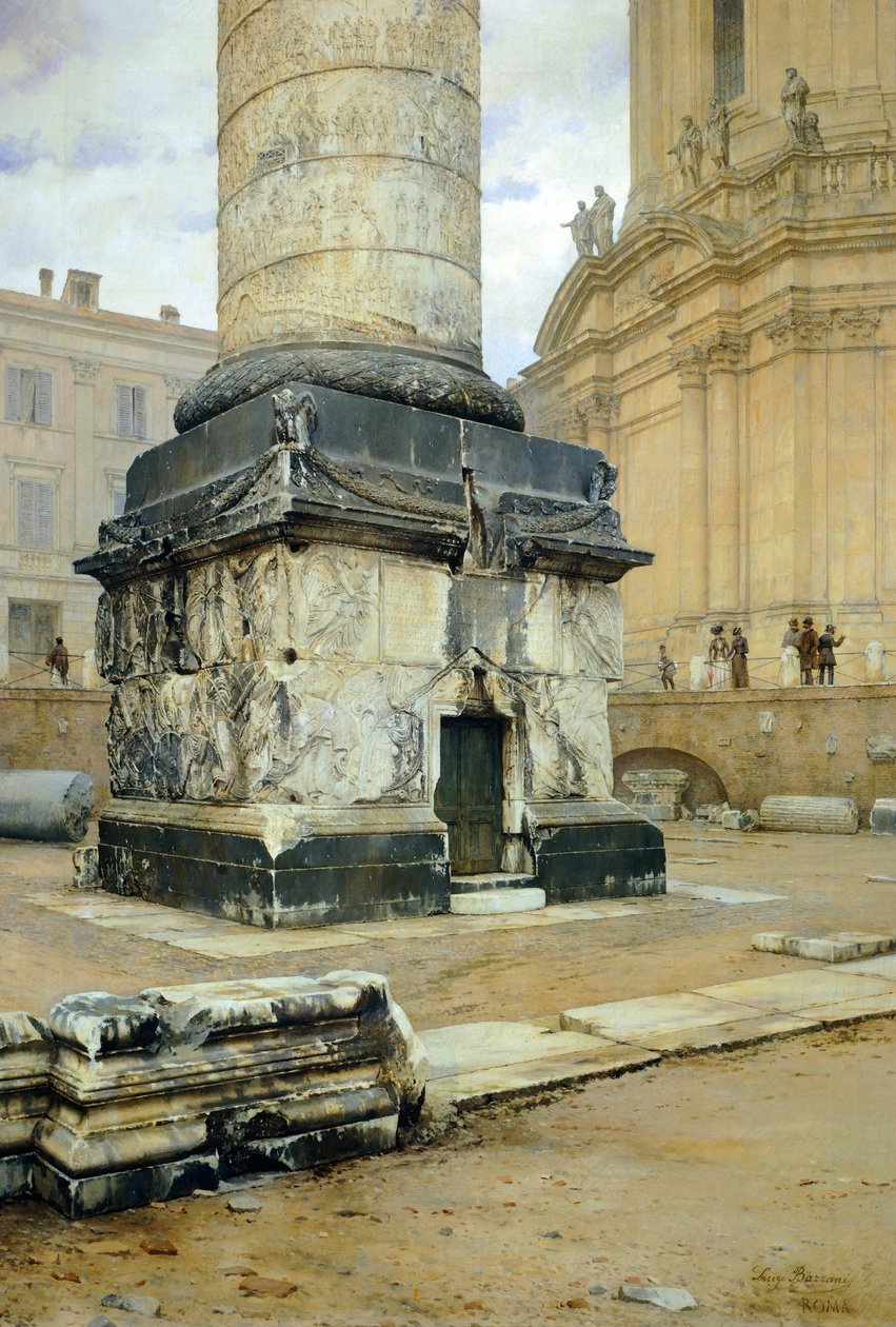 Trajanuksen pylväs Roomassa, kirjoittanut Luigi Bazzani (1836-1927). Öljy kankaalle 70,5x103 cm. tekijältä Luigi Bazzani