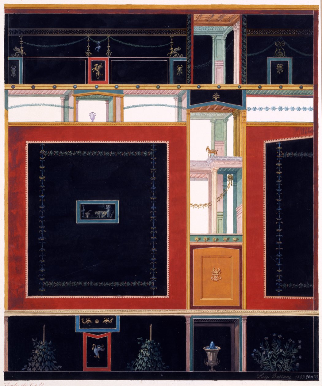 Seinäkoristeet Aulus Vettiuksen talosta, Pompejista, n. 36-39 jKr, 1897 tekijältä Luigi Bazzani