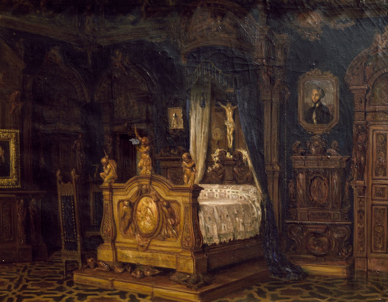 Aatelisen Gian Giacomo Poldi Pezzolin makuuhuoneen sisustus, noin 1860 tekijältä Luigi Bisi