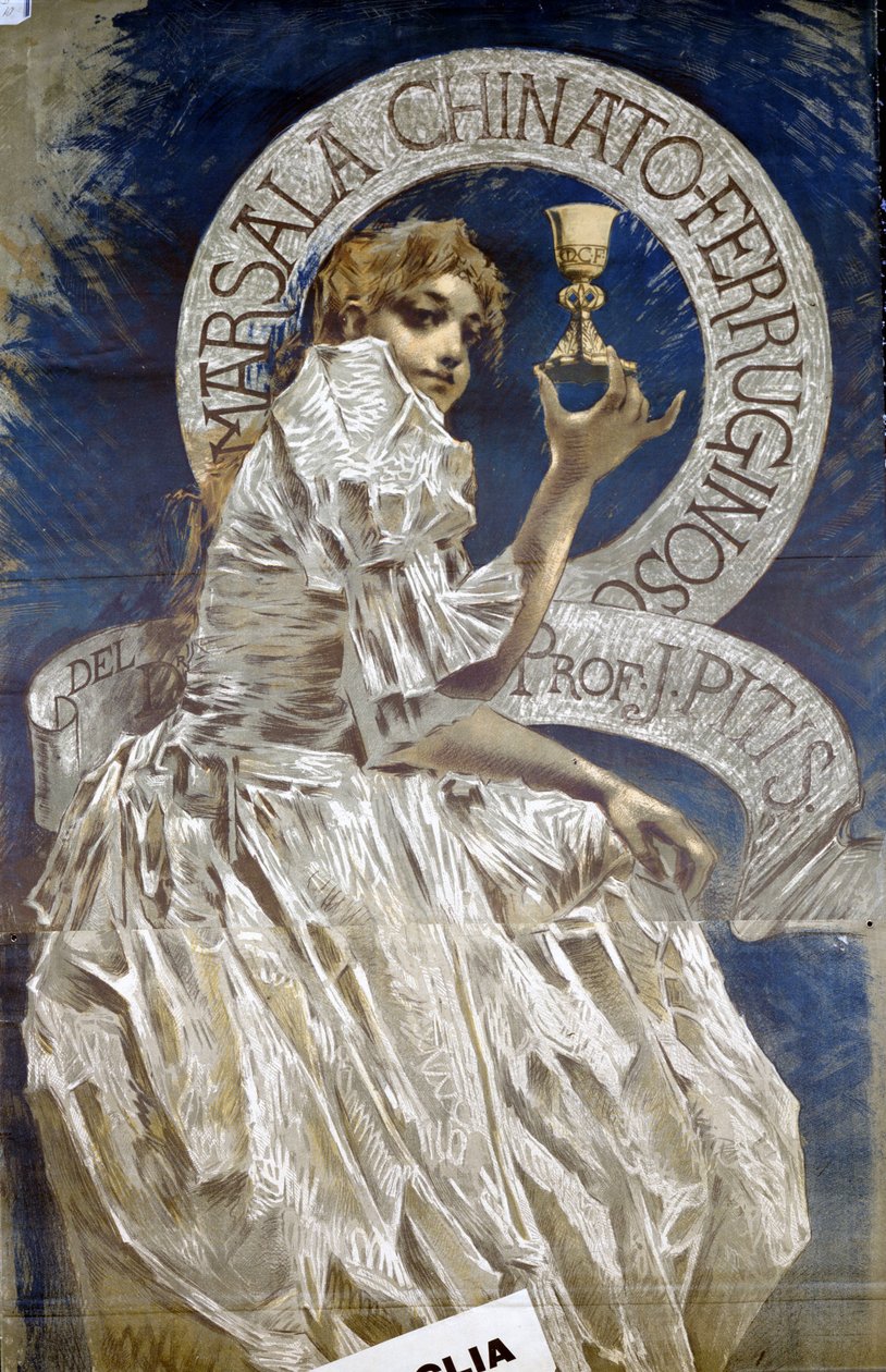 Mainos italialaiselle ruoansulatuskanavalle Marsala. Conconin maalaus. tekijältä Luigi Conconi
