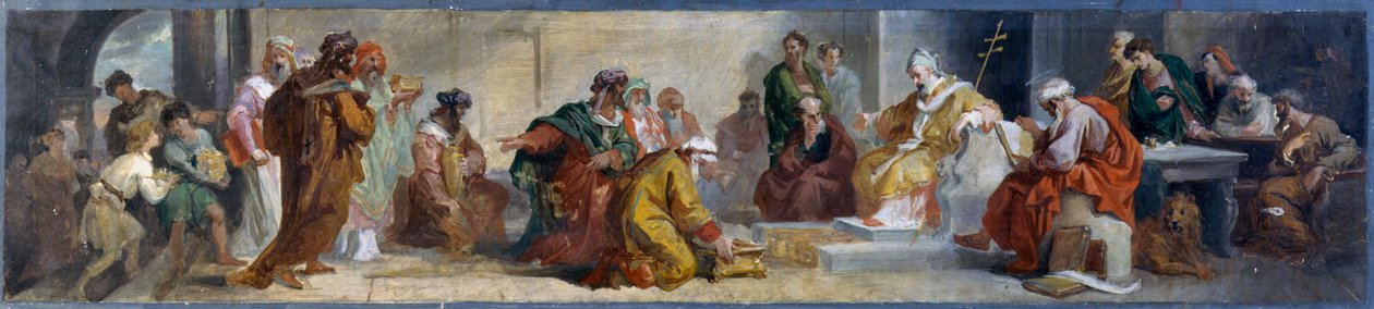 Paavi Damasus vastaanottaa persoonallisuuksia idästä, Luigi Fontana (1827-1908), valmisteleva luonnos freskoille San Lorenzo in Damason basilikassa Roomassa, Italiassa tekijältä Luigi Fontana