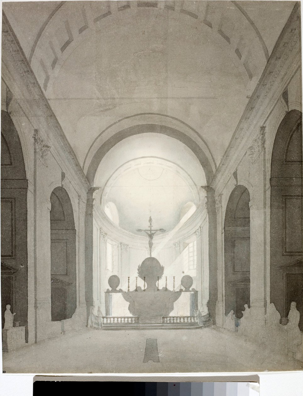 Kirkon sisäkuva (piirustus ja akvarelli, n. 1825) tekijältä Luigi Garibbo