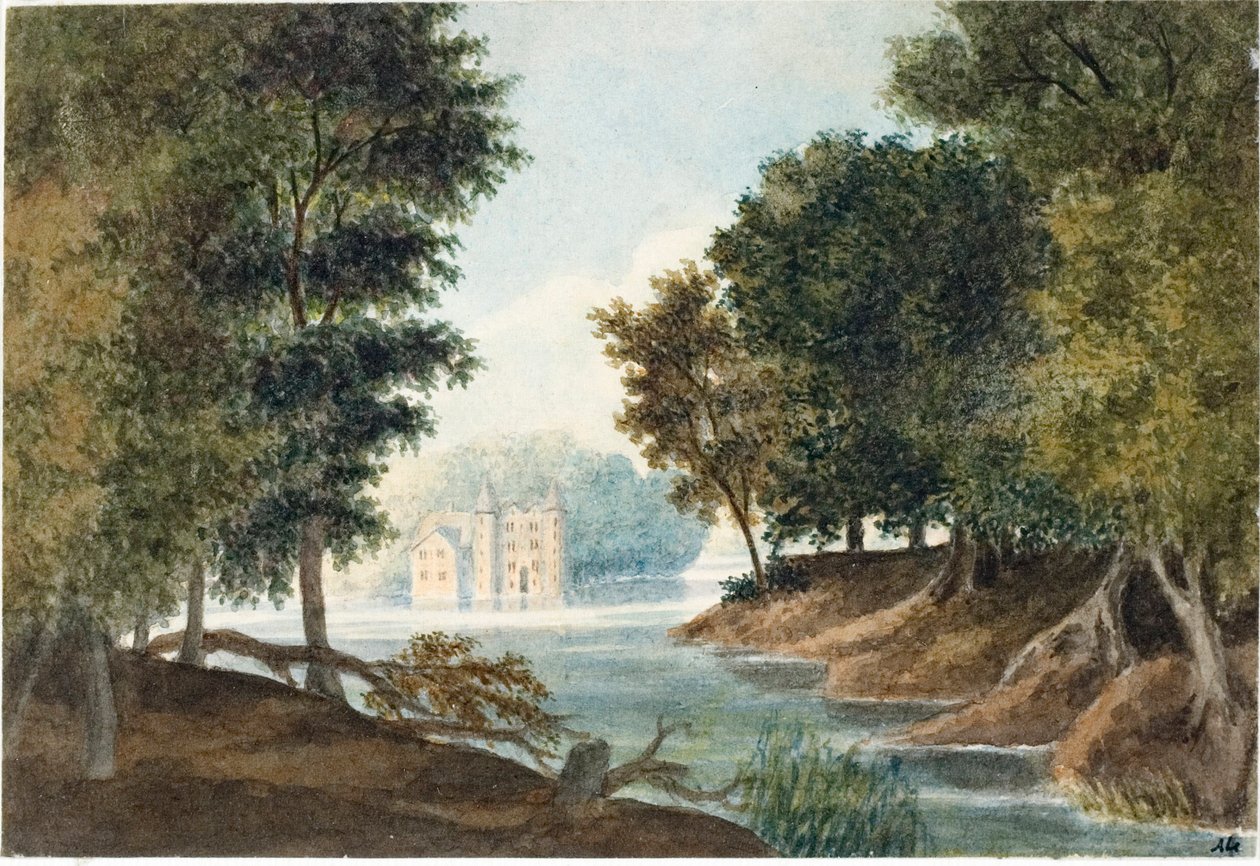 Maisema joen ja huvilan kanssa (akvarelli, n. 1825) tekijältä Luigi Garibbo