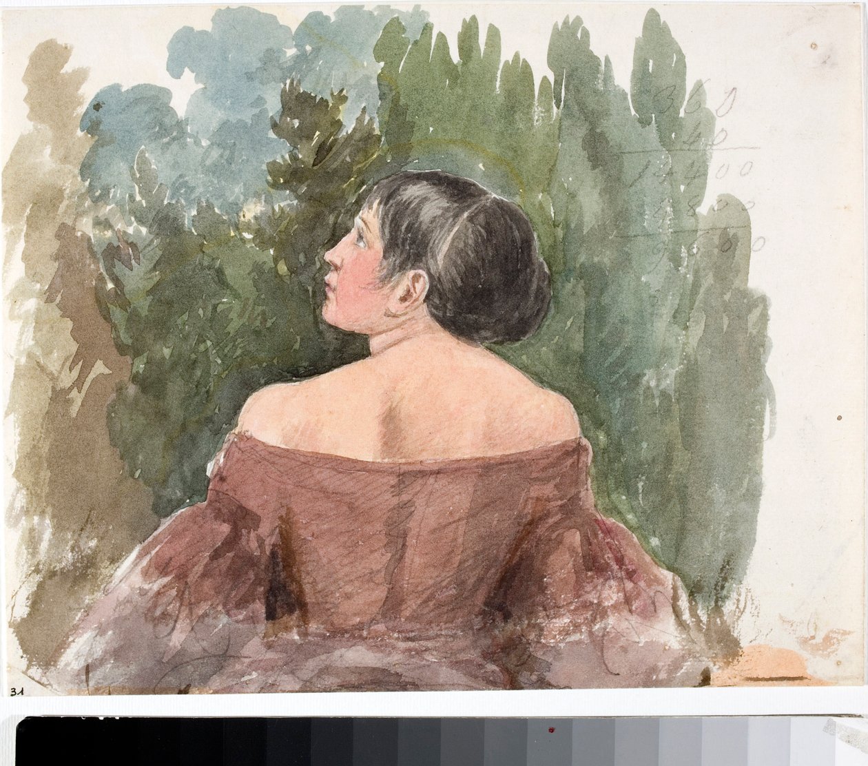 Nuoren naisen muotokuva takaapäin (akvarelli, n. 1825) tekijältä Luigi Garibbo