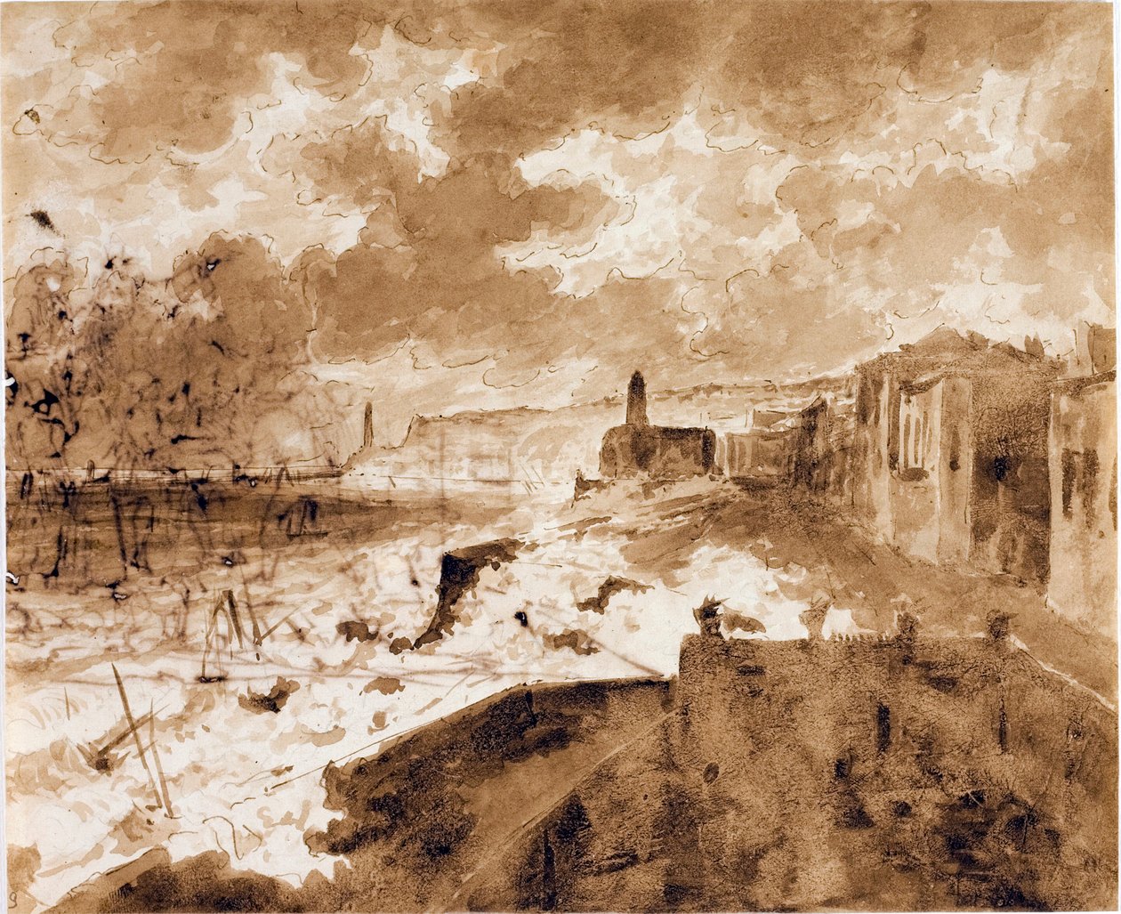 Merenranta Genovassa vuoden 1821 nousuveden aikana (akvarelli, n. 1821) tekijältä Luigi Garibbo