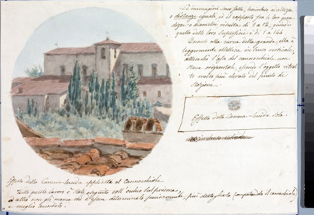 Teleskooppinäkymä San Salvatore al monten kirkolle Firenzen lähellä (piirustus ja akvarelli, n. 1833) tekijältä Luigi Garibbo