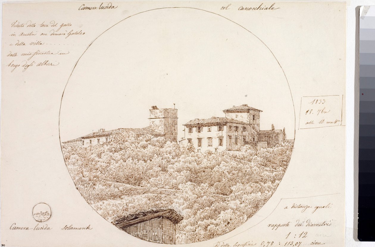 Teleskooppinäkymä Torre del Gallosta Firenzen lähellä sijaitsevassa Arcetrissa (piirustus, n. 1833) tekijältä Luigi Garibbo
