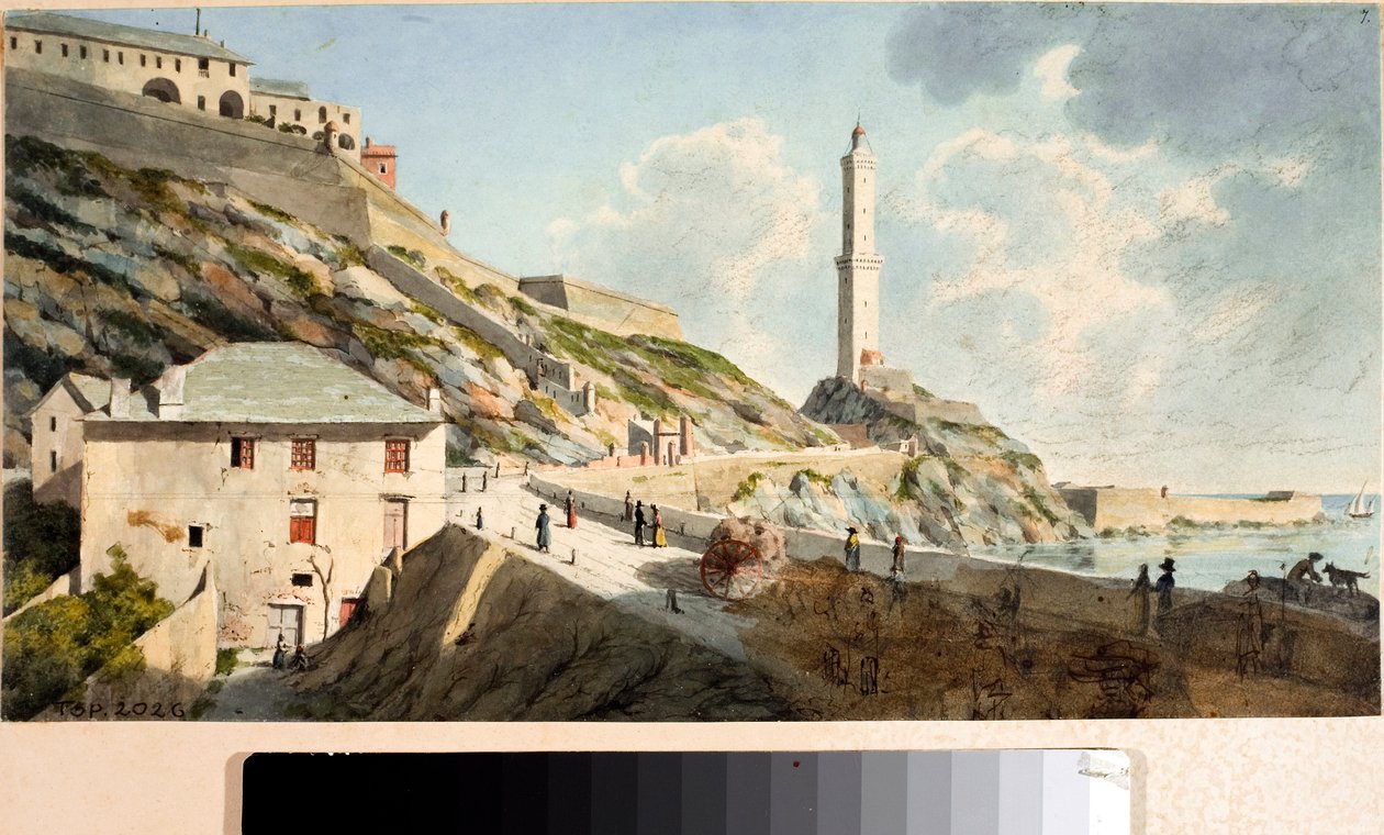 Lanterna, Genovan kaupungin majakka (akvarelli, n. 1825) tekijältä Luigi Garibbo
