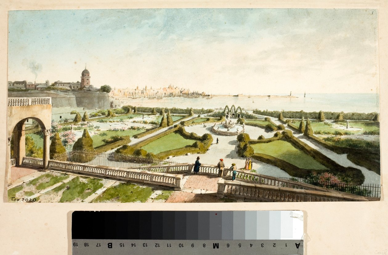 Taustalla Prinssi Dorian ja Genovan huvilan puisto (Piirustus ja akvarelli, n. 1825) tekijältä Luigi Garibbo