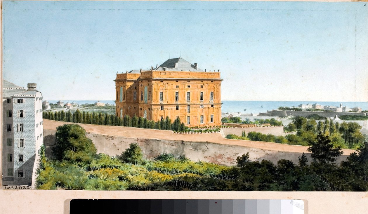 Näkymä Palazzo Pallavicinista nimeltä Palazzo delle Peschiere, Genova (akvarelli, noin 1825) tekijältä Luigi Garibbo