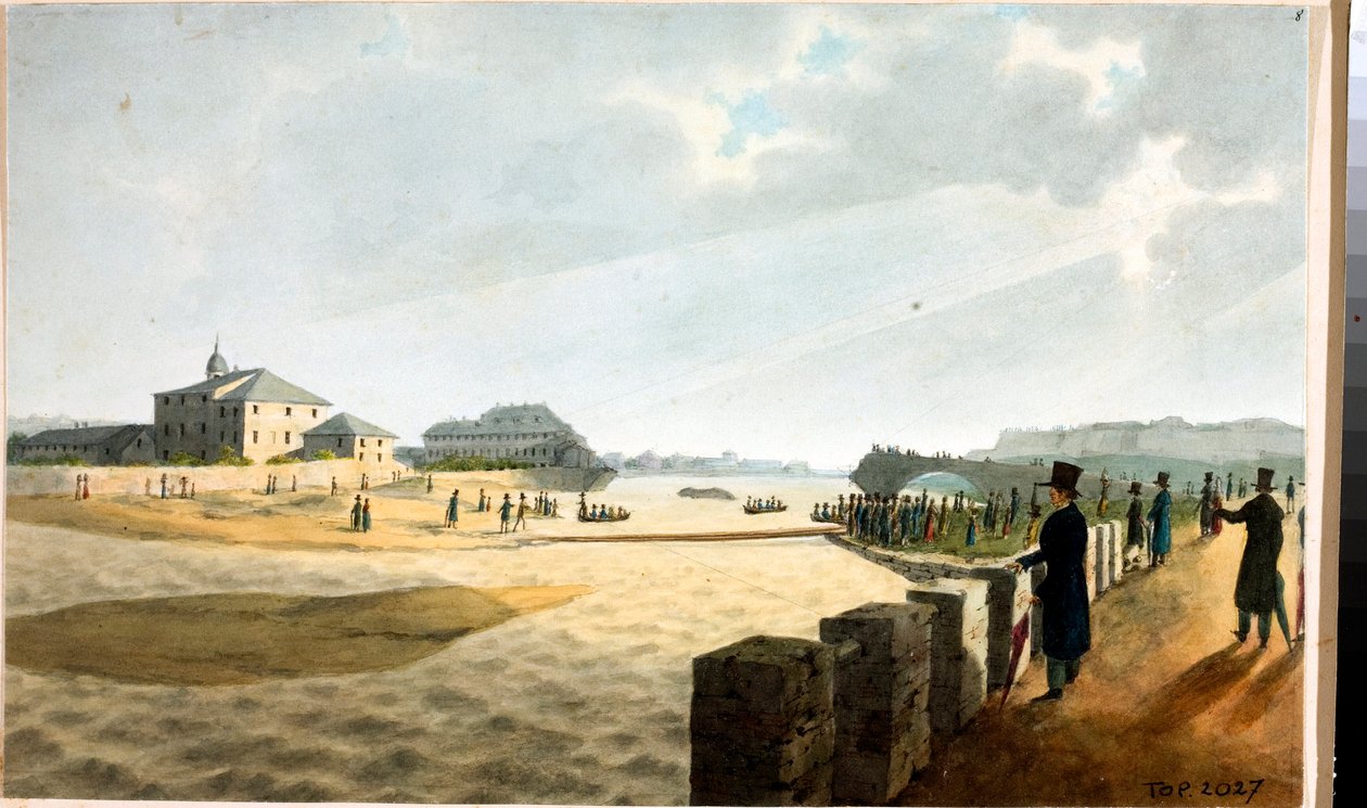 Näkymä Pilan sillalle Genovassa (akvarelli, n. 1825) tekijältä Luigi Garibbo