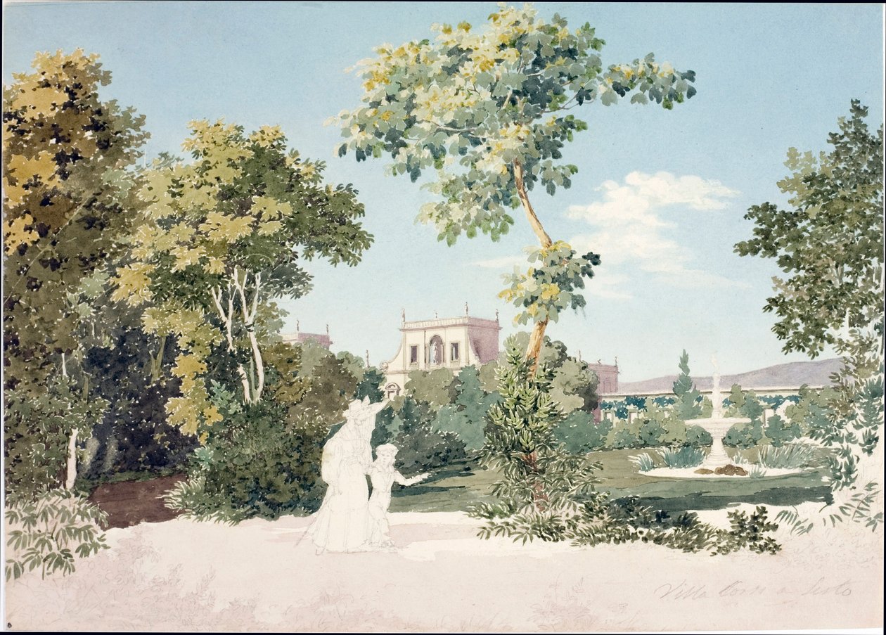 Näkymä Villa Corsi a Sesto Fiorentinosta Firenzen lähellä (akvarelli, n. 1825) tekijältä Luigi Garibbo