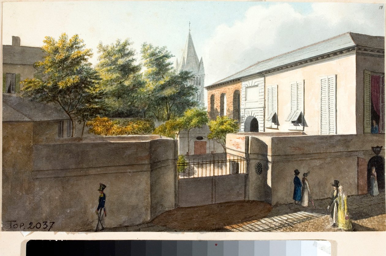 Näkymä Villa Faraggianasta ja Pren kellotornista (piirustus ja akvarelli, noin 1825) tekijältä Luigi Garibbo