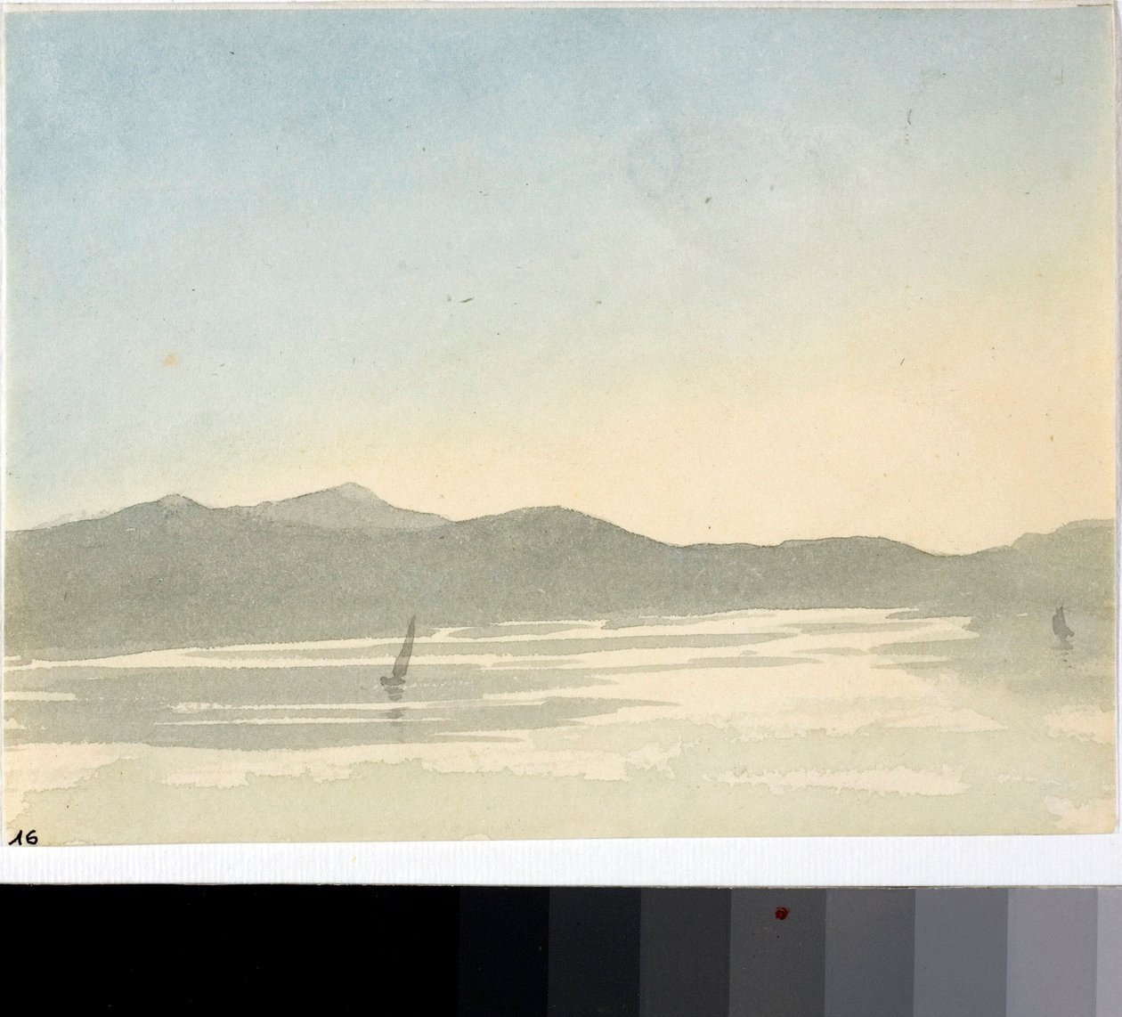Näkymä järvelle aamunkoitteessa (akvarelli, n. 1825) tekijältä Luigi Garibbo