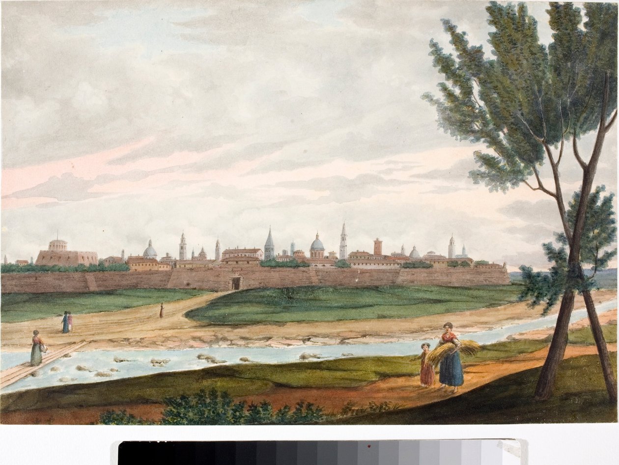 Näkymä muurien ympäröimään kaupunkiin, luultavasti Luccaan Toscanassa (muste ja akvarelli, n. 1820) tekijältä Luigi Garibbo